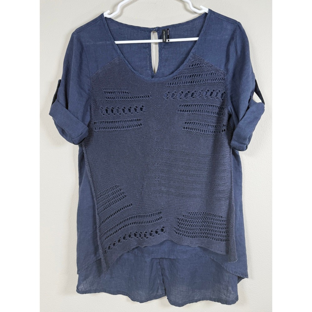 Stella Carakasi Top Women XS Hemp Linen Mixed Media Crochet Lagenlook Natural
